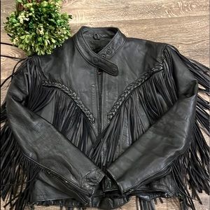 Vintage 80s 90s Black Diamond Leather Sz 12 Fringe Motorcycle Biker Jacket Coat